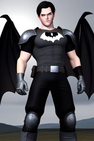 The animated version of Batman that belongs to the movie "Justice League x RWBY: Super Heroes & Huntsmen - Part 1" (He does have black hair, dark blue eyes, black pants, gray boots, gray metal knee pads, a gray breastplate with a black bat symbol on the front and underneath, a black long-sleeved t-shirt, black metal bat-shaped shoulder pads, gray armbands with 3 side blades on the sides, gloves blacks, a gray scarf, a gray utility belt and the age of 17), where Batman/Bruce Wayne is a "Bat Faunus" (Human being with two oversized black bat wings emerging from his back), in a landscape night.,disney pixar style,3D
