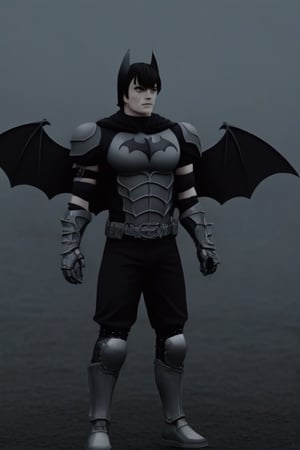 The animated version of Batman that belongs to the movie "Justice League x RWBY: Super Heroes & Huntsmen - Part 1" (He does have black hair, dark blue eyes, black pants, gray boots, gray metal knee pads, a gray breastplate with a black bat symbol on the front and underneath, a black long-sleeved t-shirt, black metal bat-shaped shoulder pads, gray armbands with 3 side blades on the sides, gloves blacks, a gray scarf, a gray utility belt and the age of 17), where Batman/Bruce Wayne is a "Bat Faunus" (Human being with two oversized black bat wings emerging from his back), in a landscape night.