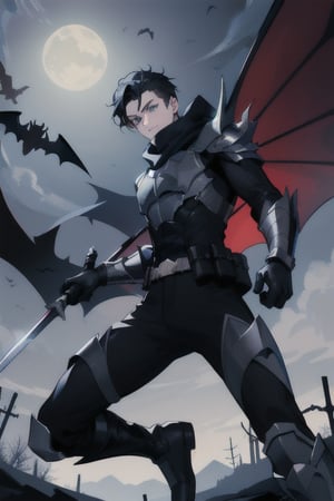 The animated version of Batman that belongs to the movie "Justice League x RWBY: Super Heroes & Huntsmen - Part 1" (He has black hair, dark blue eyes, black pants, gray boots with metal armor along them up to the knees, a gray breastplate with a black bat symbol on the chest and underneath, a black long-sleeved t-shirt, black metal bat-shaped shoulder pads, gray armbands with 3 side blades on the sides, black gloves, a gray scarf, a gray utility belt, 2 rapier type swords and the age of 17), where Batman/Bruce Wayne is a "Bat Faunus" (Human being with two huge black bat wings emerging from his back), in a landscape night with bats flying around.