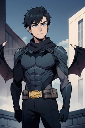 The animated version of Batman (Black hair, dark blue eyes, black pants, gray breastplate with a black bat symbol on the front side, bat-shaped shoulder pads, gray armbands with 3 blades on the sides, black gloves , gray scarf and a gray utility belt) which belongs to the movie "Justice League x RWBY: Super Heroes & Huntsmen - Part 1", where Batman is a "Bat Faun" (Human being with black bat wings emerging from his back), in a night background, on the roof of a cathedral.,1boy