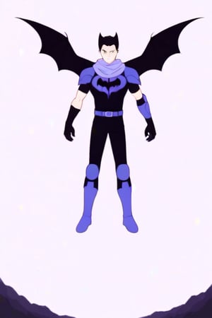 The animated version of Batman that belongs to the movie "Justice League x RWBY: Super Heroes & Huntsmen - Part 1" (He does have black hair, dark blue eyes, black pants, gray boots, gray metal knee pads, a gray breastplate with a black bat symbol on the front and underneath, a black long-sleeved t-shirt, black metal bat-shaped shoulder pads, gray armbands with 3 side blades on the sides, gloves blacks, a gray scarf, a gray utility belt and the age of 17), where Batman/Bruce Wayne is a "Bat Faunus" (Human being with two oversized black bat wings emerging from his back), in a landscape night with bats flying around..