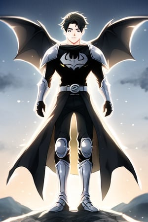 The animated version of Batman that belongs to the movie "Justice League x RWBY: Super Heroes & Huntsmen - Part 1" (He does have black hair, dark blue eyes, black pants, gray boots, gray metal knee pads, a gray breastplate with a black bat symbol on the front and underneath, a black long-sleeved t-shirt, black metal bat-shaped shoulder pads, gray armbands with 3 side blades on the sides, gloves blacks, a gray scarf, a gray utility belt and the age of 17), where Batman/Bruce Wayne is a "Bat Faunus" (Human being with two oversized black bat wings emerging from his back), in a landscape night with bats flying around.