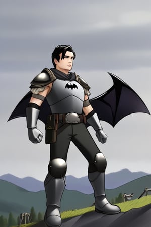 The animated version of Batman that belongs to the movie "Justice League x RWBY: Super Heroes & Huntsmen - Part 1" (He does have black hair, dark blue eyes, black pants, gray boots, gray metal knee pads, a gray breastplate with a black bat symbol on the front and underneath, a black long-sleeved t-shirt, black metal bat-shaped shoulder pads, gray armbands with 3 side blades on the sides, gloves blacks, a gray scarf, a gray utility belt and the age of 17), where Batman/Bruce Wayne is a "Bat Faunus" (Human being with two oversized black bat wings emerging from his back), in a landscape night.