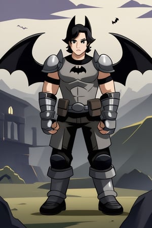 The animated version of Batman that belongs to the movie "Justice League x RWBY: Super Heroes & Huntsmen - Part 1" (He does have black hair, dark blue eyes, black pants, gray boots, gray metal knee pads, a gray breastplate with a black bat symbol on the front and underneath, a black long-sleeved t-shirt, black metal bat-shaped shoulder pads, gray armbands with 3 side blades on the sides, gloves blacks, a gray scarf, a gray utility belt and the age of 17), where Batman/Bruce Wayne is a "Bat Faunus" (Human being with two oversized black bat wings emerging from his back), in a landscape night.