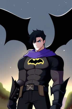 The animated version of Batman that belongs to the movie "Justice League x RWBY: Super Heroes & Huntsmen - Part 1" (He does have black hair, dark blue eyes, black pants, gray boots, gray metal knee pads, a gray breastplate with a black bat symbol on the front and underneath, a black long-sleeved t-shirt, black metal bat-shaped shoulder pads, gray armbands with 3 side blades on the sides, gloves blacks, a gray scarf, a gray utility belt and the age of 17), where Batman/Bruce Wayne is a "Bat Faunus" (Human being with two oversized black bat wings emerging from his back), in a landscape night.