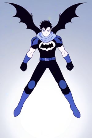 The animated version of Batman that belongs to the movie "Justice League x RWBY: Super Heroes & Huntsmen - Part 1" (He does have black hair, dark blue eyes, black pants, gray boots, gray metal knee pads, a gray breastplate with a black bat symbol on the front and underneath, a black long-sleeved t-shirt, black metal bat-shaped shoulder pads, gray armbands with 3 side blades on the sides, gloves blacks, a gray scarf, a gray utility belt and the age of 17), where Batman/Bruce Wayne is a "Bat Faunus" (Human being with two oversized black bat wings emerging from his back), in a landscape night with bats flying around..