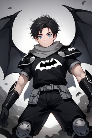 The animated version of Batman that belongs to the movie "Justice League x RWBY: Super Heroes & Huntsmen - Part 1" (He does have black hair, dark blue eyes, black pants, gray boots, gray metal knee pads, a gray breastplate with a black bat symbol on the front and underneath, a black long-sleeved t-shirt, black metal bat-shaped shoulder pads, gray armbands with 3 side blades on the sides, gloves blacks, a gray scarf, a gray utility belt and the age of 17), where Batman/Bruce Wayne is a "Bat Faunus" (Human being with two oversized black bat wings emerging from his back), in a landscape night with bats flying around.