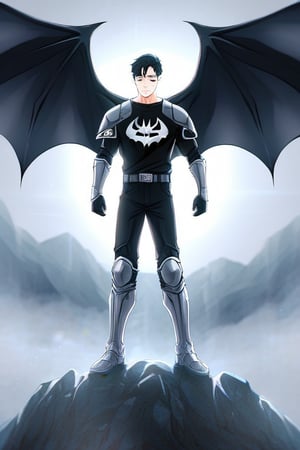 The animated version of Batman that belongs to the movie "Justice League x RWBY: Super Heroes & Huntsmen - Part 1" (He does have black hair, dark blue eyes, black pants, gray boots, gray metal knee pads, a gray breastplate with a black bat symbol on the front and underneath, a black long-sleeved t-shirt, black metal bat-shaped shoulder pads, gray armbands with 3 side blades on the sides, gloves blacks, a gray scarf, a gray utility belt and the age of 17), where Batman/Bruce Wayne is a "Bat Faunus" (Human being with two oversized black bat wings emerging from his back), in a landscape night with bats flying around.