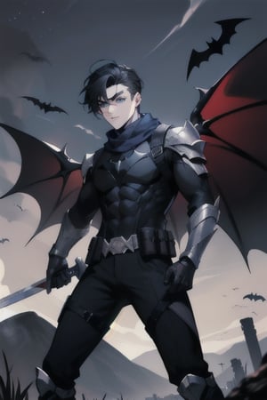 The animated version of Batman that belongs to the movie "Justice League x RWBY: Super Heroes & Huntsmen - Part 1" (He has black hair, dark blue eyes, black pants, gray boots with metal armor along them up to the knees, a gray breastplate with a black bat symbol on the chest and underneath, a black long-sleeved t-shirt, black metal bat-shaped shoulder pads, gray armbands with 3 side blades on the sides, black gloves, a gray scarf, a gray utility belt, 2 rapier type swords and the age of 17), where Batman/Bruce Wayne is a "Bat Faunus" (Human being with two huge black bat wings emerging from his back), in a landscape night with bats flying around.