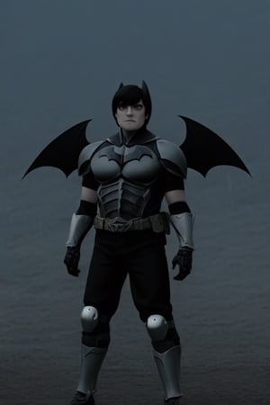 The animated version of Batman that belongs to the movie "Justice League x RWBY: Super Heroes & Huntsmen - Part 1" (He does have black hair, dark blue eyes, black pants, gray boots, gray metal knee pads, a gray breastplate with a black bat symbol on the front and underneath, a black long-sleeved t-shirt, black metal bat-shaped shoulder pads, gray armbands with 3 side blades on the sides, gloves blacks, a gray scarf, a gray utility belt and the age of 17), where Batman/Bruce Wayne is a "Bat Faunus" (Human being with two oversized black bat wings emerging from his back), in a landscape night.