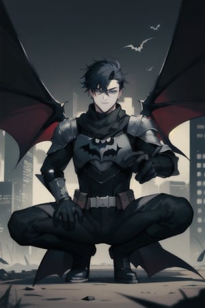 The animated version of Batman that belongs to the movie "Justice League x RWBY: Super Heroes & Huntsmen - Part 1" (He has black hair, dark blue eyes, black pants, gray boots with metal armor along them up to the knees, a gray breastplate with a black bat symbol on the chest and underneath, a black long-sleeved t-shirt, black metal bat-shaped shoulder pads, gray armbands with 3 side blades on the sides, black gloves, a gray scarf, a gray utility belt, 2 rapier type swords and the age of 17), where Batman/Bruce Wayne is a "Bat Faunus" (Human being with two huge black bat wings emerging from his back), in a landscape night with bats flying around.,green theme