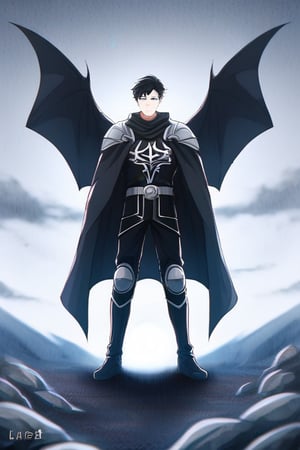 The animated version of Batman that belongs to the movie "Justice League x RWBY: Super Heroes & Huntsmen - Part 1" (He does have black hair, dark blue eyes, black pants, gray boots, gray metal knee pads, a gray breastplate with a black bat symbol on the front and underneath, a black long-sleeved t-shirt, black metal bat-shaped shoulder pads, gray armbands with 3 side blades on the sides, gloves blacks, a gray scarf, a gray utility belt and the age of 17), where Batman/Bruce Wayne is a "Bat Faunus" (Human being with two oversized black bat wings emerging from his back), in a landscape night with bats flying around,