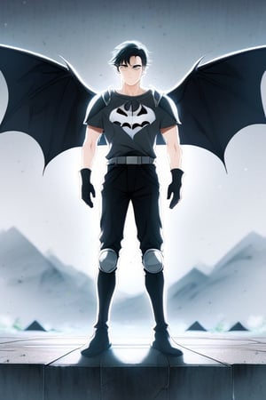 The animated version of Batman that belongs to the movie "Justice League x RWBY: Super Heroes & Huntsmen - Part 1" (He does have black hair, dark blue eyes, black pants, gray boots, gray metal knee pads, a gray breastplate with a black bat symbol on the front and underneath, a black long-sleeved t-shirt, black metal bat-shaped shoulder pads, gray armbands with 3 side blades on the sides, gloves blacks, a gray scarf, a gray utility belt and the age of 17), where Batman/Bruce Wayne is a "Bat Faunus" (Human being with two oversized black bat wings emerging from his back), in a landscape night with bats flying around.