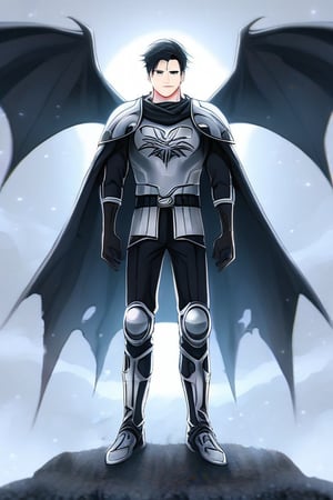 The animated version of Batman that belongs to the movie "Justice League x RWBY: Super Heroes & Huntsmen - Part 1" (He does have black hair, dark blue eyes, black pants, gray boots, gray metal knee pads, a gray breastplate with a black bat symbol on the front and underneath, a black long-sleeved t-shirt, black metal bat-shaped shoulder pads, gray armbands with 3 side blades on the sides, gloves blacks, a gray scarf, a gray utility belt and the age of 17), where Batman/Bruce Wayne is a "Bat Faunus" (Human being with two oversized black bat wings emerging from his back), in a landscape night with bats flying around.