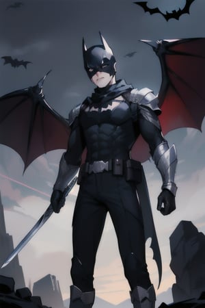 The animated version of Batman that belongs to the movie "Justice League x RWBY: Super Heroes & Huntsmen - Part 1" (He has black hair, dark blue eyes, black pants, gray boots with metal armor along them up to the knees, a gray breastplate with a black bat symbol on the chest and underneath, a black long-sleeved t-shirt, black metal bat-shaped shoulder pads, gray armbands with 3 side blades on the sides, black gloves, a gray scarf, a gray utility belt, 2 rapier type swords and the age of 17), where Batman/Bruce Wayne is a "Bat Faunus" (Human being with two huge black bat wings emerging from his back), in a landscape night with bats flying around.