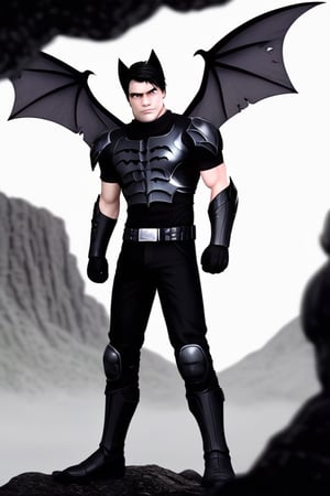 The animated version of Batman that belongs to the movie "Justice League x RWBY: Super Heroes & Huntsmen - Part 1" (He does have black hair, dark blue eyes, black pants, gray boots, gray metal knee pads, a gray breastplate with a black bat symbol on the front and underneath, a black long-sleeved t-shirt, black metal bat-shaped shoulder pads, gray armbands with 3 side blades on the sides, gloves blacks, a gray scarf, a gray utility belt and the age of 17), where Batman/Bruce Wayne is a "Bat Faunus" (Human being with two oversized black bat wings emerging from his back), in a landscape night with bats flying around.,DonM3lv3nM4g1cXL