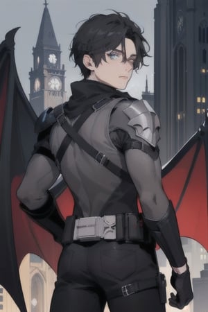 The animated version of Batman which belongs to the movie "Justice League x RWBY: Super Heroes & Huntsmen - Part 1" (No mask, black hair, dark blue eyes, black pants, gray overalls with a colored bat symbol black on the front side and below it, a black long-sleeved t-shirt, bat-shaped shoulder pads, gray bracelets with 3 blades on the sides, black gloves, a gray scarf, a gray utility belt and the age of 17 years ), where Batman is a "Bat Faun" (Human being with black bat wings emerging from his back), in a night background, on the roof of a cathedral.,1guy,1girl
