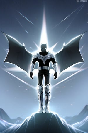 The animated version of Batman that belongs to the movie "Justice League x RWBY: Super Heroes & Huntsmen - Part 1" (He does have black hair, dark blue eyes, black pants, gray boots, gray metal knee pads, a gray breastplate with a black bat symbol on the front and underneath, a black long-sleeved t-shirt, black metal bat-shaped shoulder pads, gray armbands with 3 side blades on the sides, gloves blacks, a gray scarf, a gray utility belt and the age of 17), where Batman/Bruce Wayne is a "Bat Faunus" (Human being with two oversized black bat wings emerging from his back), in a landscape night with bats flying around.