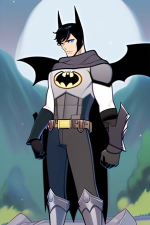 The animated version of Batman that belongs to the movie "Justice League x RWBY: Super Heroes & Huntsmen - Part 1" (He does have black hair, dark blue eyes, black pants, gray boots, gray metal knee pads, a gray breastplate with a black bat symbol on the front and underneath, a black long-sleeved t-shirt, black metal bat-shaped shoulder pads, gray armbands with 3 side blades on the sides, gloves blacks, a gray scarf, a gray utility belt and the age of 17), where Batman/Bruce Wayne is a "Bat Faunus" (Human being with two oversized black bat wings emerging from his back), in a landscape night.