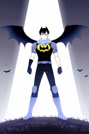 The animated version of Batman that belongs to the movie "Justice League x RWBY: Super Heroes & Huntsmen - Part 1" (He does have black hair, dark blue eyes, black pants, gray boots, gray metal knee pads, a gray breastplate with a black bat symbol on the front and underneath, a black long-sleeved t-shirt, black metal bat-shaped shoulder pads, gray armbands with 3 side blades on the sides, gloves blacks, a gray scarf, a gray utility belt and the age of 17), where Batman/Bruce Wayne is a "Bat Faunus" (Human being with two oversized black bat wings emerging from his back), in a landscape night.,masterpiece