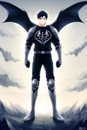 The animated version of Batman that belongs to the movie "Justice League x RWBY: Super Heroes & Huntsmen - Part 1" (He does have black hair, dark blue eyes, black pants, gray boots, gray metal knee pads, a gray breastplate with a black bat symbol on the front and underneath, a black long-sleeved t-shirt, black metal bat-shaped shoulder pads, gray armbands with 3 side blades on the sides, gloves blacks, a gray scarf, a gray utility belt and the age of 17), where Batman/Bruce Wayne is a "Bat Faunus" (Human being with two oversized black bat wings emerging from his back), in a landscape night with bats flying around.