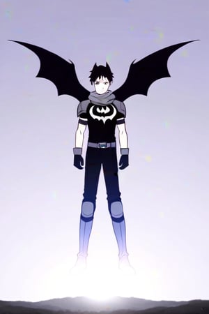 The animated version of Batman that belongs to the movie "Justice League x RWBY: Super Heroes & Huntsmen - Part 1" (He does have black hair, dark blue eyes, black pants, gray boots, gray metal knee pads, a gray breastplate with a black bat symbol on the front and underneath, a black long-sleeved t-shirt, black metal bat-shaped shoulder pads, gray armbands with 3 side blades on the sides, gloves blacks, a gray scarf, a gray utility belt and the age of 17), where Batman/Bruce Wayne is a "Bat Faunus" (Human being with two oversized black bat wings emerging from his back), in a landscape night with bats flying around..