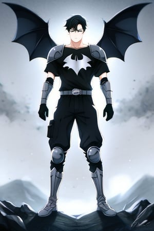 The animated version of Batman that belongs to the movie "Justice League x RWBY: Super Heroes & Huntsmen - Part 1" (He does have black hair, dark blue eyes, black pants, gray boots, gray metal knee pads, a gray breastplate with a black bat symbol on the front and underneath, a black long-sleeved t-shirt, black metal bat-shaped shoulder pads, gray armbands with 3 side blades on the sides, gloves blacks, a gray scarf, a gray utility belt and the age of 17), where Batman/Bruce Wayne is a "Bat Faunus" (Human being with two oversized black bat wings emerging from his back), in a landscape night with bats flying around.