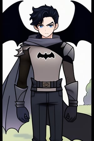 The animated version of Batman that belongs to the movie "Justice League x RWBY: Super Heroes & Huntsmen - Part 1" (He does have black hair, dark blue eyes, black pants, gray boots, gray metal knee pads, a gray breastplate with a black bat symbol on the front and underneath, a black long-sleeved t-shirt, black metal bat-shaped shoulder pads, gray armbands with 3 side blades on the sides, gloves blacks, a gray scarf, a gray utility belt and the age of 17), where Batman/Bruce Wayne is a "Bat Faunus" (Human being with two oversized black bat wings emerging from his back), in a landscape night.