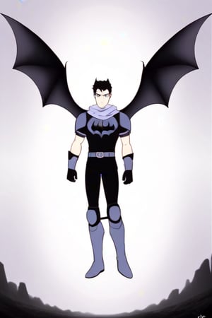 The animated version of Batman that belongs to the movie "Justice League x RWBY: Super Heroes & Huntsmen - Part 1" (He does have black hair, dark blue eyes, black pants, gray boots, gray metal knee pads, a gray breastplate with a black bat symbol on the front and underneath, a black long-sleeved t-shirt, black metal bat-shaped shoulder pads, gray armbands with 3 side blades on the sides, gloves blacks, a gray scarf, a gray utility belt and the age of 17), where Batman/Bruce Wayne is a "Bat Faunus" (Human being with two oversized black bat wings emerging from his back), in a landscape night with bats flying around..