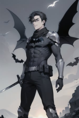 The animated version of Batman that belongs to the movie "Justice League x RWBY: Super Heroes & Huntsmen - Part 1" (He has black hair, dark blue eyes, black pants, gray boots with metal armor along them up to the knees, a gray breastplate with a black bat symbol on the chest and underneath, a black long-sleeved t-shirt, black metal bat-shaped shoulder pads, gray armbands with 3 side blades on the sides, black gloves, a gray scarf, a gray utility belt, 2 rapier type swords and the age of 17), where Batman/Bruce Wayne is a "Bat Faunus" (Human being with two huge black bat wings emerging from his back), in a landscape night with bats flying around.