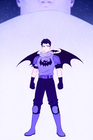 The animated version of Batman that belongs to the movie "Justice League x RWBY: Super Heroes & Huntsmen - Part 1" (He does have black hair, dark blue eyes, black pants, gray boots, gray metal knee pads, a gray breastplate with a black bat symbol on the front and underneath, a black long-sleeved t-shirt, black metal bat-shaped shoulder pads, gray armbands with 3 side blades on the sides, gloves blacks, a gray scarf, a gray utility belt and the age of 17), where Batman/Bruce Wayne is a "Bat Faunus" (Human being with two oversized black bat wings emerging from his back), in a landscape night.