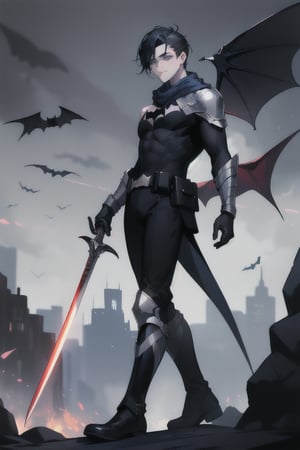 The animated version of Batman that belongs to the movie "Justice League x RWBY: Super Heroes & Huntsmen - Part 1" (He has black hair, dark blue eyes, black pants, gray boots with metal armor along them up to the knees, a gray breastplate with a black bat symbol on the chest and underneath, a black long-sleeved t-shirt, black metal bat-shaped shoulder pads, gray armbands with 3 side blades on the sides, black gloves, a gray scarf, a gray utility belt, 2 rapier type swords and the age of 17), where Batman/Bruce Wayne is a "Bat Faunus" (Human being with two huge black bat wings emerging from his back), in a landscape night with bats flying around.
