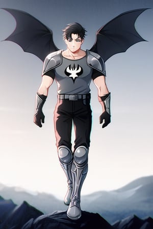 The animated version of Batman that belongs to the movie "Justice League x RWBY: Super Heroes & Huntsmen - Part 1" (He does have black hair, dark blue eyes, black pants, gray boots, gray metal knee pads, a gray breastplate with a black bat symbol on the front and underneath, a black long-sleeved t-shirt, black metal bat-shaped shoulder pads, gray armbands with 3 side blades on the sides, gloves blacks, a gray scarf, a gray utility belt and the age of 17), where Batman/Bruce Wayne is a "Bat Faunus" (Human being with two oversized black bat wings emerging from his back), in a landscape night with bats flying around.