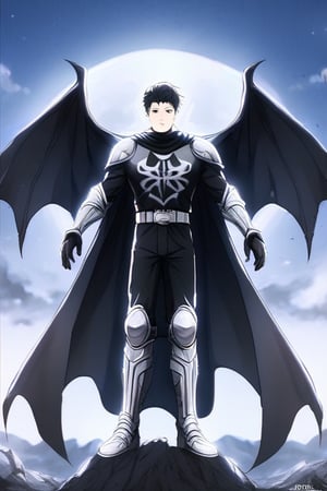 The animated version of Batman that belongs to the movie "Justice League x RWBY: Super Heroes & Huntsmen - Part 1" (He does have black hair, dark blue eyes, black pants, gray boots, gray metal knee pads, a gray breastplate with a black bat symbol on the front and underneath, a black long-sleeved t-shirt, black metal bat-shaped shoulder pads, gray armbands with 3 side blades on the sides, gloves blacks, a gray scarf, a gray utility belt and the age of 17), where Batman/Bruce Wayne is a "Bat Faunus" (Human being with two oversized black bat wings emerging from his back), in a landscape night with bats flying around.