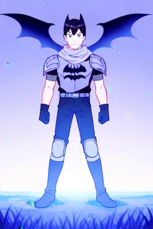 The animated version of Batman that belongs to the movie "Justice League x RWBY: Super Heroes & Huntsmen - Part 1" (He does have black hair, dark blue eyes, black pants, gray boots, gray metal knee pads, a gray breastplate with a black bat symbol on the front and underneath, a black long-sleeved t-shirt, black metal bat-shaped shoulder pads, gray armbands with 3 side blades on the sides, gloves blacks, a gray scarf, a gray utility belt and the age of 17), where Batman/Bruce Wayne is a "Bat Faunus" (Human being with two oversized black bat wings emerging from his back), in a landscape night.