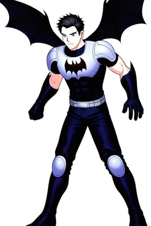 The animated version of Batman that belongs to the movie "Justice League x RWBY: Super Heroes & Huntsmen - Part 1" (He does have black hair, dark blue eyes, black pants, gray boots, gray metal knee pads, a gray breastplate with a black bat symbol on the front and underneath, a black long-sleeved t-shirt, black metal bat-shaped shoulder pads, gray armbands with 3 side blades on the sides, gloves blacks, a gray scarf, a gray utility belt and the age of 17), where Batman/Bruce Wayne is a "Bat Faunus" (Human being with two oversized black bat wings emerging from his back), in a landscape night with bats flying around.,DonM3lv3nM4g1cXL