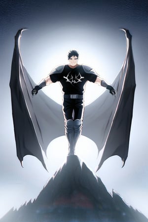 The animated version of Batman that belongs to the movie "Justice League x RWBY: Super Heroes & Huntsmen - Part 1" (He does have black hair, dark blue eyes, black pants, gray boots, gray metal knee pads, a gray breastplate with a black bat symbol on the front and underneath, a black long-sleeved t-shirt, black metal bat-shaped shoulder pads, gray armbands with 3 side blades on the sides, gloves blacks, a gray scarf, a gray utility belt and the age of 17), where Batman/Bruce Wayne is a "Bat Faunus" (Human being with two oversized black bat wings emerging from his back), in a landscape night with bats flying around.