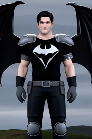 The animated version of Batman that belongs to the movie "Justice League x RWBY: Super Heroes & Huntsmen - Part 1" (He does have black hair, dark blue eyes, black pants, gray boots, gray metal knee pads, a gray breastplate with a black bat symbol on the front and underneath, a black long-sleeved t-shirt, black metal bat-shaped shoulder pads, gray armbands with 3 side blades on the sides, gloves blacks, a gray scarf, a gray utility belt and the age of 17), where Batman/Bruce Wayne is a "Bat Faunus" (Human being with two oversized black bat wings emerging from his back), in a landscape night.,disney pixar style,3D