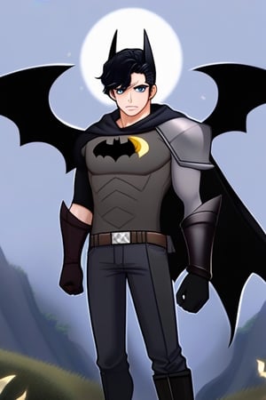 The animated version of Batman that belongs to the movie "Justice League x RWBY: Super Heroes & Huntsmen - Part 1" (He does have black hair, dark blue eyes, black pants, gray boots, gray metal knee pads, a gray breastplate with a black bat symbol on the front and underneath, a black long-sleeved t-shirt, black metal bat-shaped shoulder pads, gray armbands with 3 side blades on the sides, gloves blacks, a gray scarf, a gray utility belt and the age of 17), where Batman/Bruce Wayne is a "Bat Faunus" (Human being with two oversized black bat wings emerging from his back), in a landscape night.