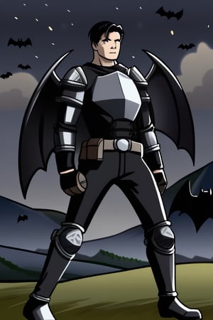 The animated version of Batman that belongs to the movie "Justice League x RWBY: Super Heroes & Huntsmen - Part 1" (He does have black hair, dark blue eyes, black pants, gray boots, gray metal knee pads, a gray breastplate with a black bat symbol on the front and underneath, a black long-sleeved t-shirt, black metal bat-shaped shoulder pads, gray armbands with 3 side blades on the sides, gloves blacks, a gray scarf, a gray utility belt and the age of 17), where Batman/Bruce Wayne is a "Bat Faunus" (Human being with two oversized black bat wings emerging from his back), in a landscape night.