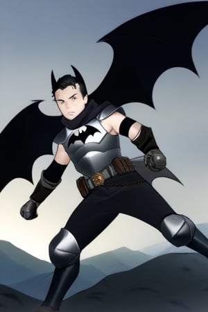 The animated version of Batman that belongs to the movie "Justice League x RWBY: Super Heroes & Huntsmen - Part 1" (He does have black hair, dark blue eyes, black pants, gray boots, gray metal knee pads, a gray breastplate with a black bat symbol on the front and underneath, a black long-sleeved t-shirt, black metal bat-shaped shoulder pads, gray armbands with 3 side blades on the sides, gloves blacks, a gray scarf, a gray utility belt and the age of 17), where Batman/Bruce Wayne is a "Bat Faunus" (Human being with two oversized black bat wings emerging from his back), in a landscape night.