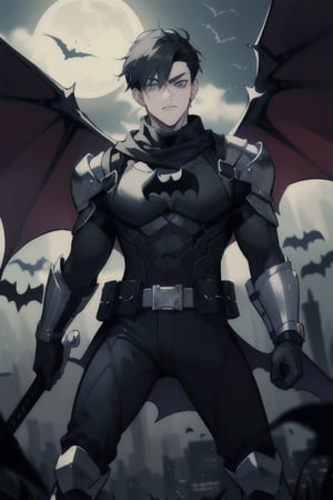 The animated version of Batman that belongs to the movie "Justice League x RWBY: Super Heroes & Huntsmen - Part 1" (He has black hair, dark blue eyes, black pants, gray boots with metal armor along them up to the knees, a gray breastplate with a black bat symbol on the chest and underneath, a black long-sleeved t-shirt, black metal bat-shaped shoulder pads, gray armbands with 3 side blades on the sides, black gloves, a gray scarf, a gray utility belt, 2 rapier type swords and the age of 17), where Batman/Bruce Wayne is a "Bat Faunus" (Human being with two huge black bat wings emerging from his back), in a landscape night with bats flying around.,green theme