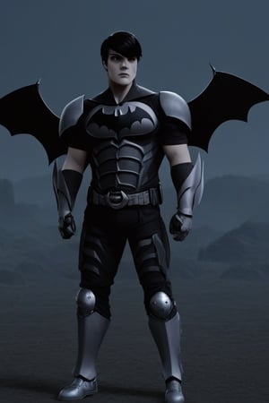 The animated version of Batman that belongs to the movie "Justice League x RWBY: Super Heroes & Huntsmen - Part 1" (He does have black hair, dark blue eyes, black pants, gray boots, gray metal knee pads, a gray breastplate with a black bat symbol on the front and underneath, a black long-sleeved t-shirt, black metal bat-shaped shoulder pads, gray armbands with 3 side blades on the sides, gloves blacks, a gray scarf, a gray utility belt and the age of 17), where Batman/Bruce Wayne is a "Bat Faunus" (Human being with two oversized black bat wings emerging from his back), in a landscape night.