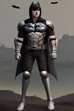 The animated version of Batman that belongs to the movie "Justice League x RWBY: Super Heroes & Huntsmen - Part 1" (He does have black hair, dark blue eyes, black pants, gray boots, gray metal knee pads, a gray breastplate with a black bat symbol on the front and underneath, a black long-sleeved t-shirt, black metal bat-shaped shoulder pads, gray armbands with 3 side blades on the sides, gloves blacks, a gray scarf, a gray utility belt and the age of 17), where Batman/Bruce Wayne is a "Bat Faunus" (Human being with two oversized black bat wings emerging from his back), in a landscape night.