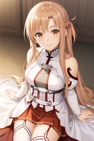 {best quality}, {highly detailed}, masterpiece, beautiful face,{{1girl}}, {{yuuki asuna}}, long hair,  brown hair, braid,  brown eyes,  bare shoulders, white sleeves, detached sleeves, red skirt, pleated skirt,  white thighhighs, shiny skin, {game cg}, {medium breasts}, blurry background, indoors, pov, {{smile}}, from above, {looking at viewer}, {{{yokozuwari}}}, arm support,