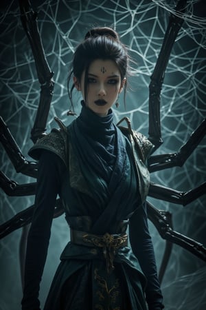 movie RAW photo, hightension, A majestic creature emerges from a damp cave. close-up (a female spider monster with a chinese pale face and female upper body with slender waist stands upright), (Spider-shaped lower body:1.2), detailed face with sharp eyes look to viewer, Chinese traditional hairstyle. its 8 dexterous legs splayed out to either side like a twisted skirt. Human-like arms rise from the torso, grasping the air as if conducting some symphony. gaze pierces through the gloom, illuminated by an eerie glow emanating from the intricate (spider webs) that crisscross a mist cave walls. (vivid HDR effects). Midjourney_Whisper,Spider spirit Fourth sister