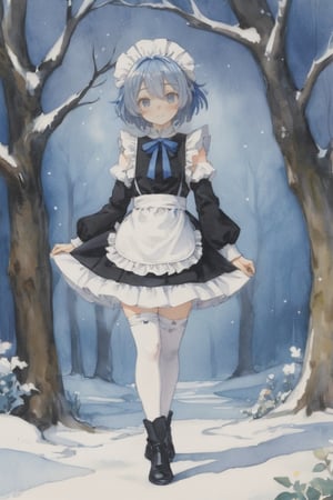 (Best quality, High quality, masterpiece, Watercolor painting, ligne_claire, Anime Illustration), ((stylized art style, painted by Egon Schiele and Rembrandt and Gustave Dorè)), 1girl, apron, bare tree, black ribbon, blue hair, branch, detached collar, detached sleeves, flower, forest, frilled sleeves, frills, hair ornament, hair over one eye, looking at viewer, maid, maid headdress, medium breasts, nature, outdoors, rem \(re:zero\), ribbon, roswaal mansion maid uniform, short hair, snow, snowflakes, solo, standing, thighhighs, tree, waist apron, white apron, white legwear, winter, wisteria, x hair ornament