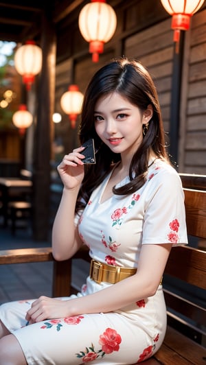 Create an photography, realistic image of a 25year-old beautiful Asian woman with fair skin, long Brown hair, piercing blue eyes, a normal-sized nose, and full, pouty lips. She stands at 5’9” and weighs around 170 pounds, curvier, with a confident posture, sitting crossed legs on a wooden bench, wearing a traditional extra short, red and white floral patterned dress, sitting on a wooden bench holding a fan , surrounded by red  lanterns with decorations and gold calligraphy with, indoors with wooden lattice and dramatic shadows, dark background with soft light from above, smiling looking at the camera. HD high resolution 8k realistic .
