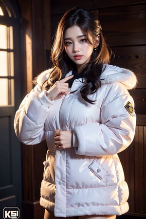 (masterpiece, top quality, best quality, official art, beautiful and aesthetic:1.2), hdr, high contrast, wideshot, 1girl, very long black hair, looking at viewer, clearly brown eyes, longfade eyebrow, soft make up, ombre lips, large breast (cheerfull act), frosty, parka jacket, (kpop clothing theme:1.5),  finger detailed, background detailed, ambient lighting, extreme detailed, cinematic shot, realistic ilustration, (soothing tones:1.3), (hyperdetailed:1.2)