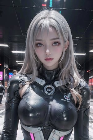 (masterpiece, best quality:1.4), ((a beautiful 24 years old woman)), solo, ((white snow long hair)), two bangs, ((cyberpunk suit)), 4k, (perfect face | oval face), trending on pixiv,perfecteyes, seductive body, white eyes, perfect anatomy, big_breast,Wlop, cyberpunk, ((ulzzang-6500)), ((gorgeous face)), looking at viewer